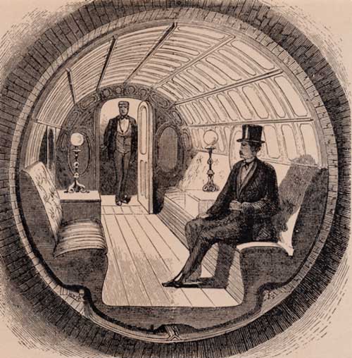 Alfred Ely Beach's pneumatic train car as it originally appeared in an 1870 issue of Scientific American