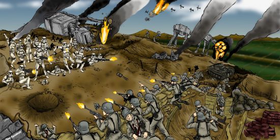 Triste ma vero. La tecnologia mostrata in Star Wars, esclusa la Morte Nera, è pari o (spesso) inferiore a quella degli eserciti della Seconda Guerra Mondiale. Italia inclusa. Contro le tattiche dei tedeschi, quel branco di dilettanti imperiali non avrebbe avuto scampo né in campo aperto né casa per casa.